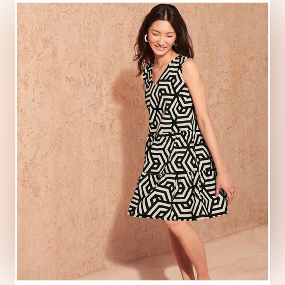 Sz M (8)esmara Womens linen dress v-neck decorative bow on back Geometric Print - Picture 1 of 9